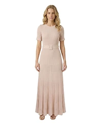 Modenaire Women's Ribbed Knit Belted Pleated Midi Dress