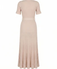 Modenaire Women's Ribbed Knit Belted Pleated Midi Dress