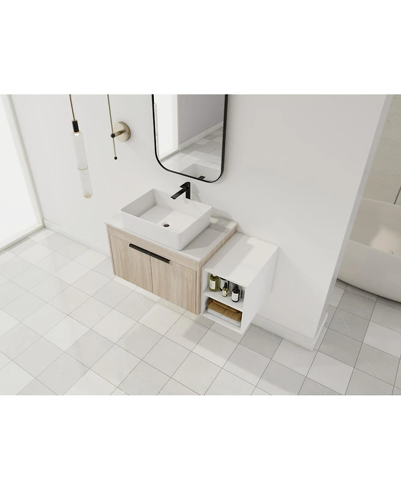 Sillysis Wall Mounted Bathroom Vanity with Ceramic Vessel Sink, Side Storage Shelf, Soft Close Doors