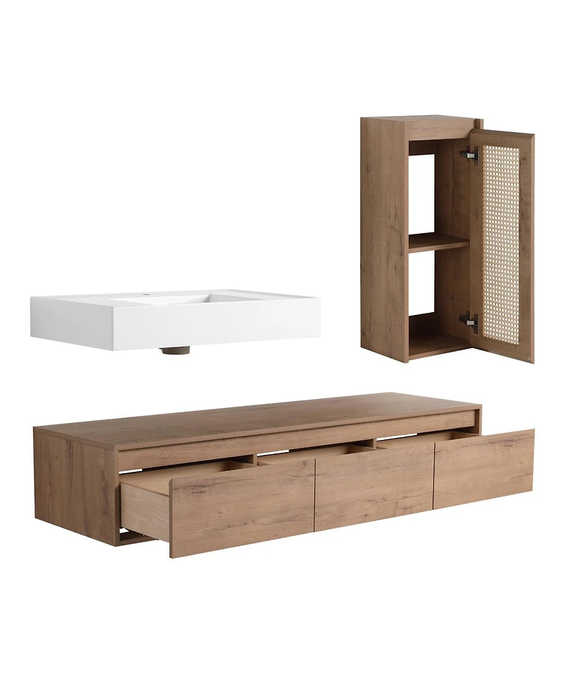 Sillysis 59 Inch Wall Mounted Bathroom Vanity Set with Resin Sink, Soft Close Drawers, Side Cabinet, Modern Floating Storage Solution