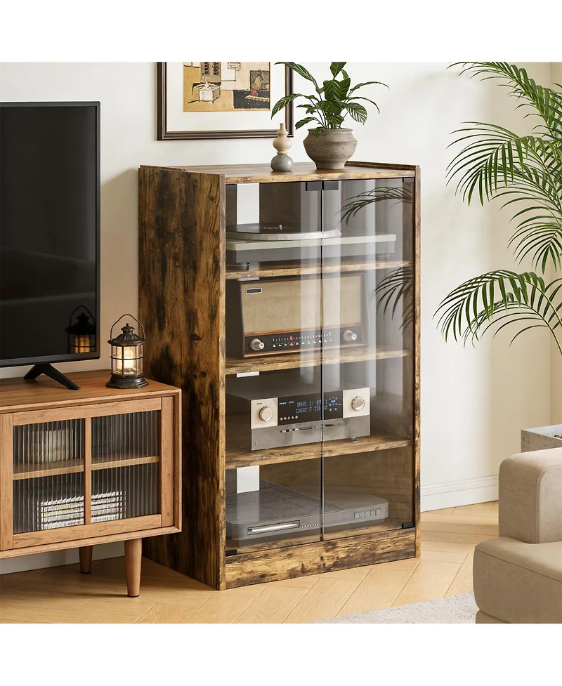 Clihome 4-Tier Media Storage Cabinet, Audio Rack with Tempered Glass Doors - Adjustable Shelves