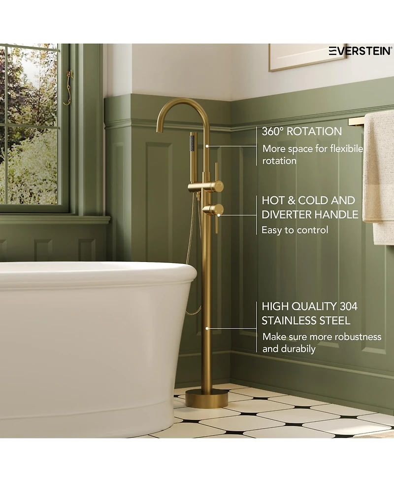 Everstein 2-Handle Freestanding Floor Mount Tub Filler Faucet with Diverter