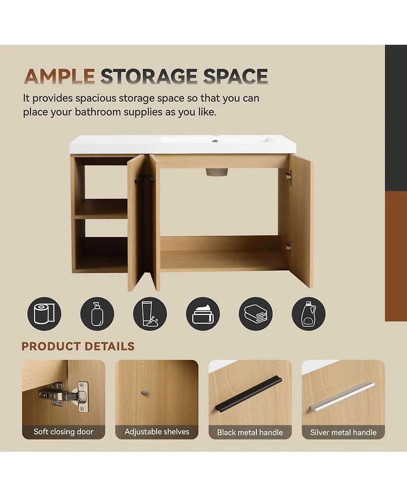 Sillysis 36 Inch Wall Mounted Bathroom Vanity with Resin Sink Top, Soft Close Doors, Space Saving Design for Modern Bathrooms