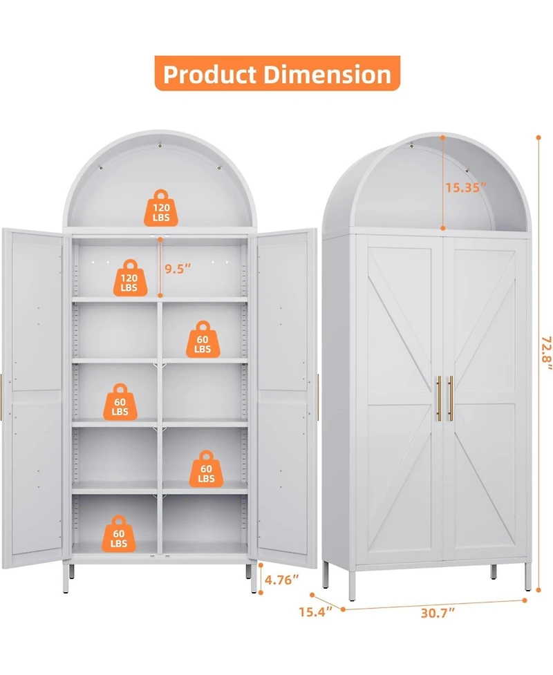 Boyel Living Metal Arched Kitchen Pantry Cabinet, Storage Bookcase with 6 Adjustable Shelves and Gold Handles