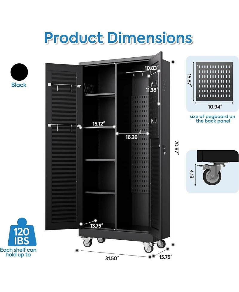Boyel Living 71" Metal Broom Closet with Wheels, Lockable Cleaning Cabinet with Pegboard and Louvered Doors for Garage