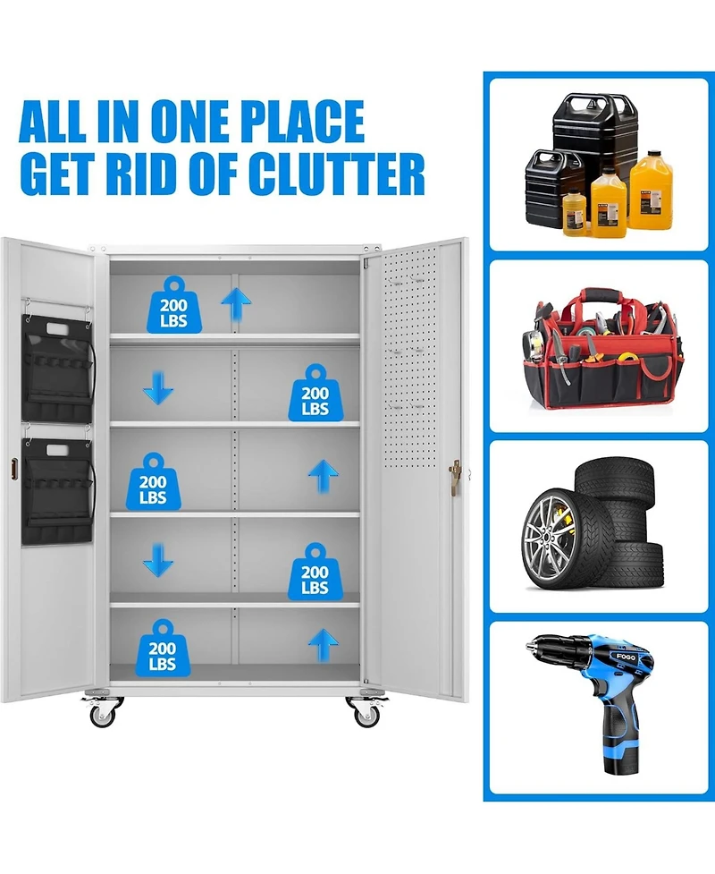 Boyel Living 72" Metal Garage Storage Cabinet with Wheels and Pegboard, Wide Rolling Tool Organizer with Doors