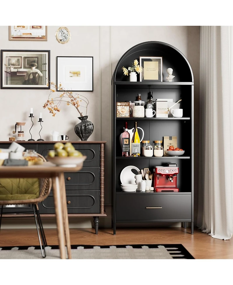 Boyel Living Metal Arched Bookcase Cabinet with Drawer, Tall Bookshelf and Adjustable Shelves for Home Office