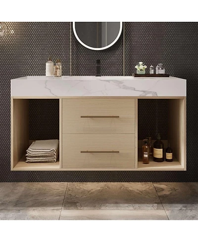 Thirtypeachy 39.4" Modern Sintered Stone Floating Bathroom Vanity Set, Ceramic Sink Included, 2 Drawers And 2 Open Shelves