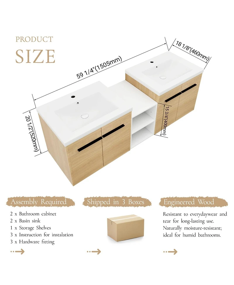 Sillysis 59 Inch Wall Mounted Double Bathroom Vanity with Dual Resin Sinks and Open Storage Shelves for Modern Master Bath