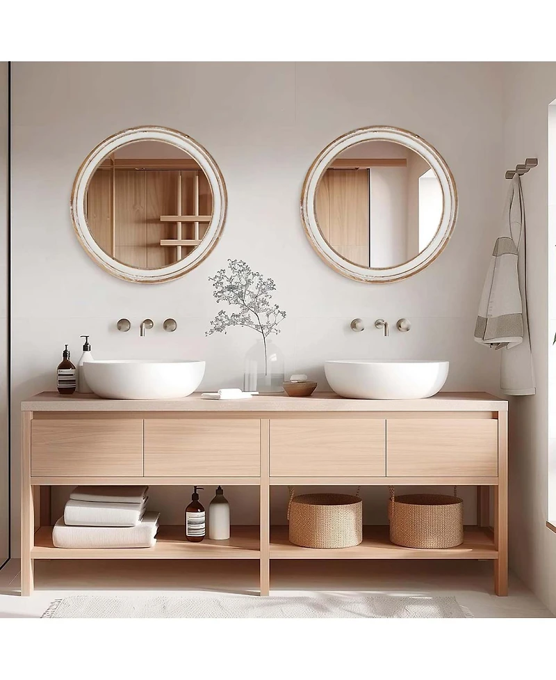 Laoties Round Farmhouse Wall Mirror, Wood