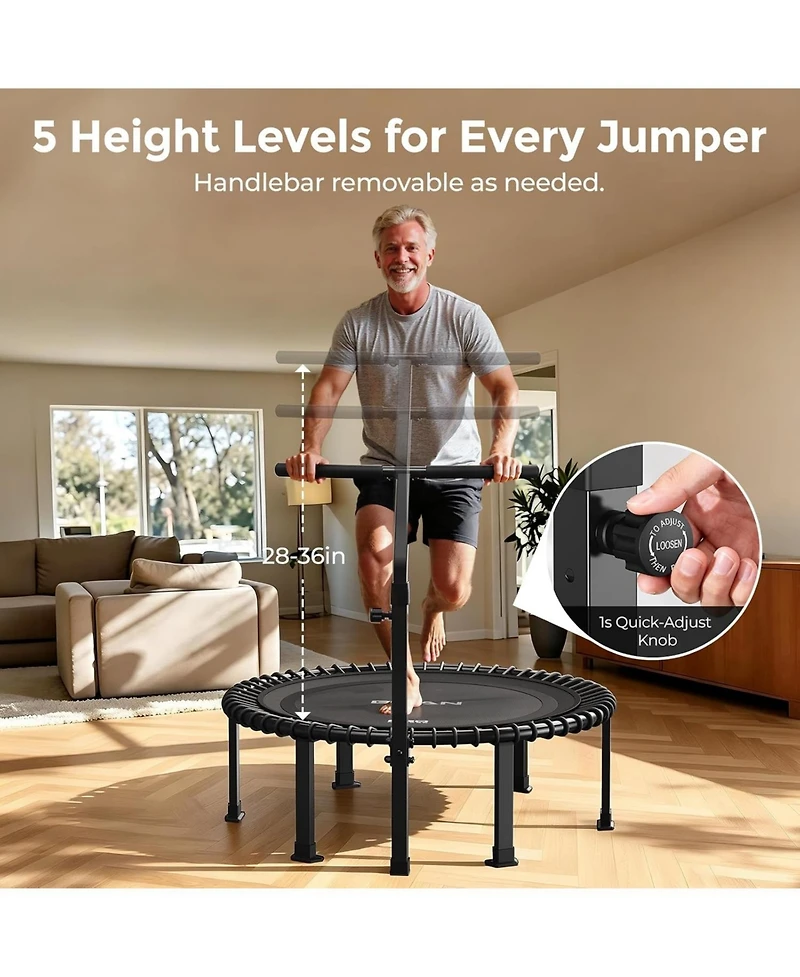 Bcan BT4 Soft Land Pro 38 Inch 500LBS Bungee Trampoline, Quiet Indoor Rebounder with Adjustable Tension and Phone Holder