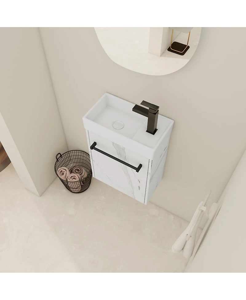Sillysis 16 Inch Wall Mounted Bathroom Vanity with Ceramic Sink, Soft Close Door, Modern Floating Cabinet for Small Spaces