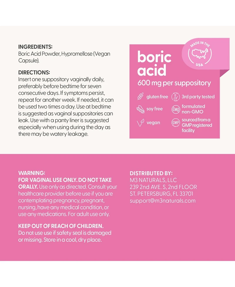 M3 Naturals Boric Acid Capsules 30 Count