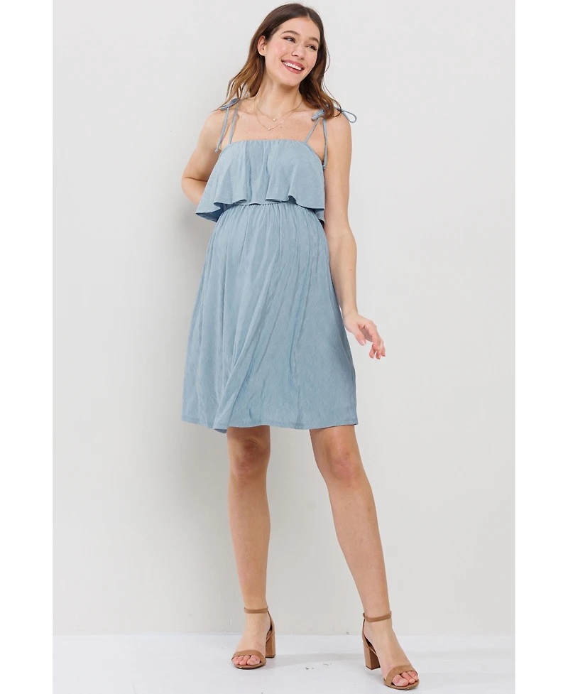 Hello Miz Women's Maternity Sleeveless Tie Shoulder Overlay Dress with Pockets