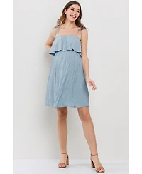 Hello Miz Women's Maternity Sleeveless Tie Shoulder Overlay Dress with Pockets