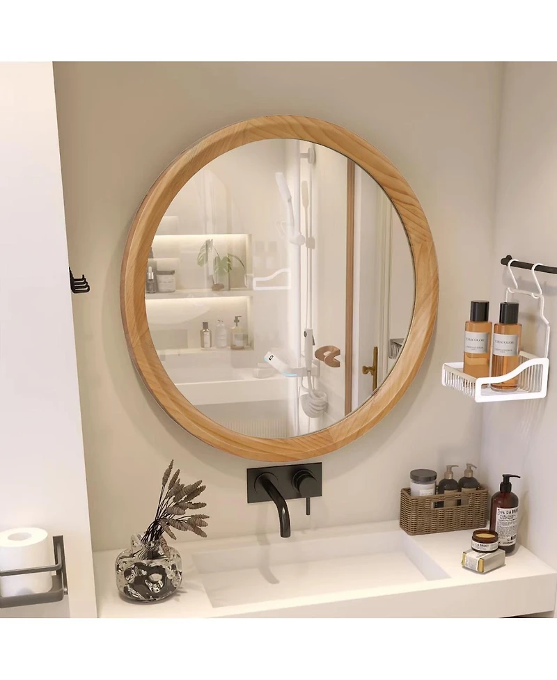 Laoties Round Bathroom Vanity Mirror with Natural Wood Frame for Bedroom, Entryway and Living Room