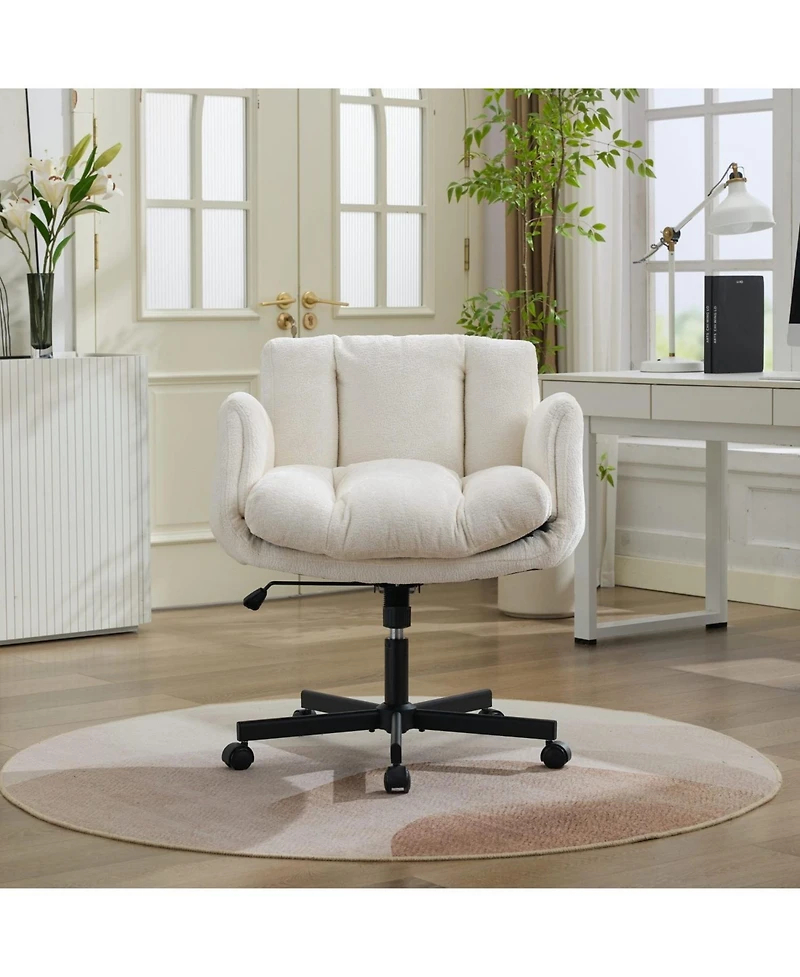 Rainsken Modern Chenille Swivel Office Chair, with Wheels and Outward-Folding Arms, Built-in Dynamic Airbag Lumbar Support,for Home Office, Apartment