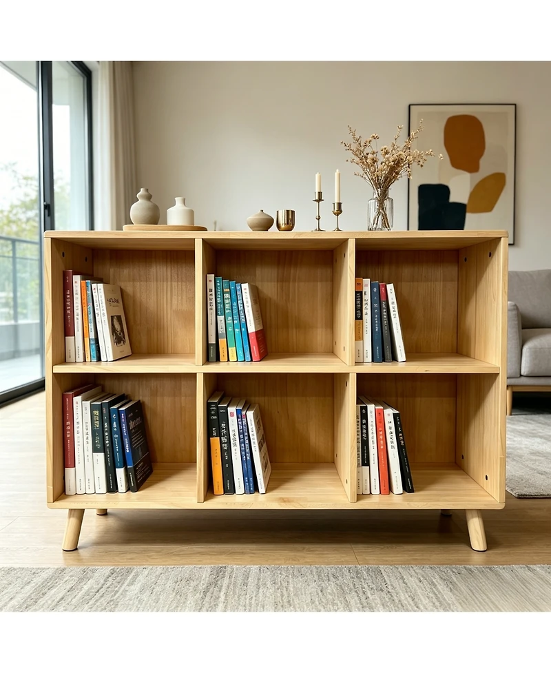 Rainsken 6 Cube Wooden Storage Shelf, with Legs, 2 Tier Cube Low Horizontal Bookcase, for Living Room, Bedroom, Office, Entryway