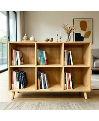 Rainsken 6 Cube Wooden Storage Shelf, with Legs, 2 Tier Cube Low Horizontal Bookcase, for Living Room, Bedroom, Office, Entryway