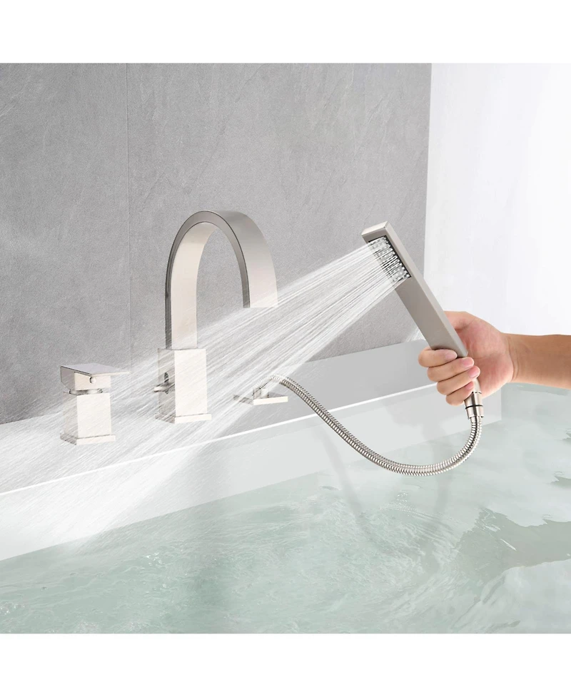 Midola Waterfall Bathtub Faucet with Sprayer, 3-Hole Roman Tub Filler with Hand Shower Deck Mount Waterfall Tub Spout Set