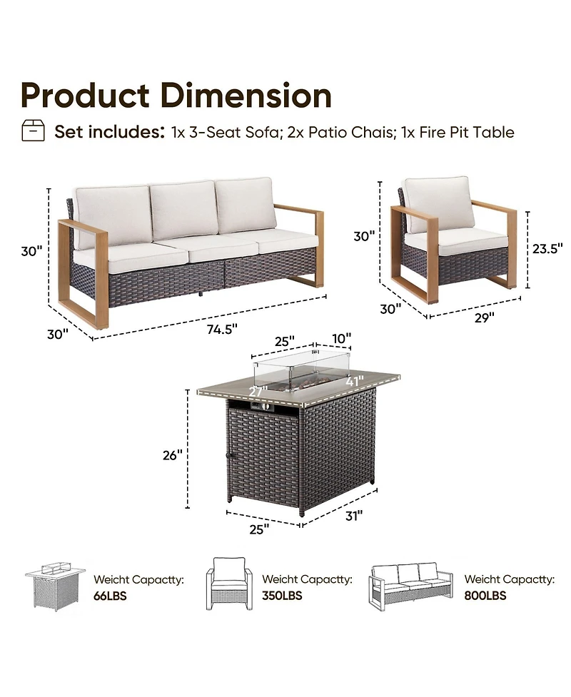 Pocassy 4 Piece Patio Furniture Set 41in Fire Pit Table Outdoor Sets Couch Chairs Propane