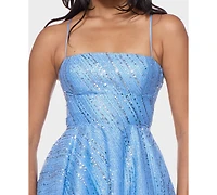 B Darlin Juniors' Straight Neck Sequin Empire Waist Glitter Dress