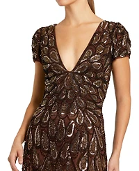Mac Duggal Petite Beaded Sequin V-Neck Cap Sleeve Fitted Column Gown