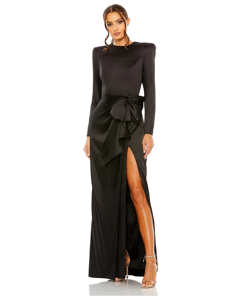 Mac Duggal Women's Petite Long Sleeve Satin Structured Bow Draped Column Gown