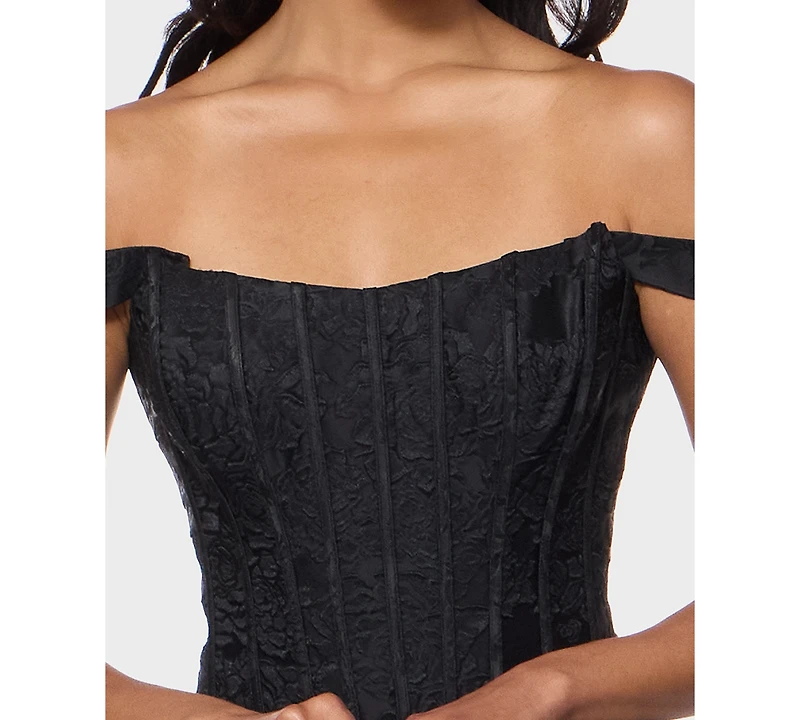 Alex & Sophia Juniors' Off-The-Shoulder Corset Bodice Jacquard Dress