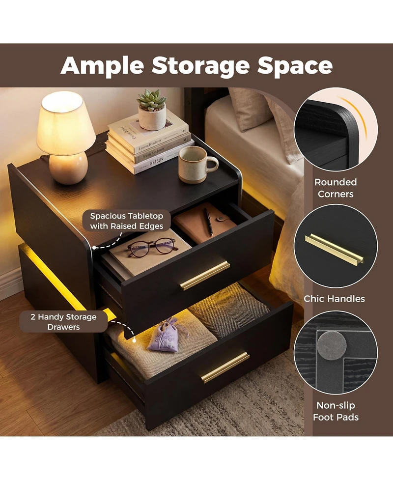 Slickblue Led Bedside Table with Built-In Charging Station and Storage Drawers