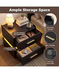 Slickblue Led Bedside Table with Built-In Charging Station and Storage Drawers