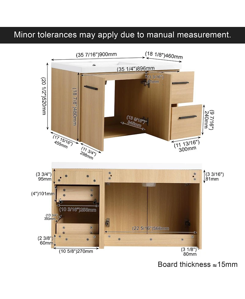 Sillysis 36 Inch Wall Mounted Bathroom Vanity with Drawers, Resin Sink, Soft Close Doors