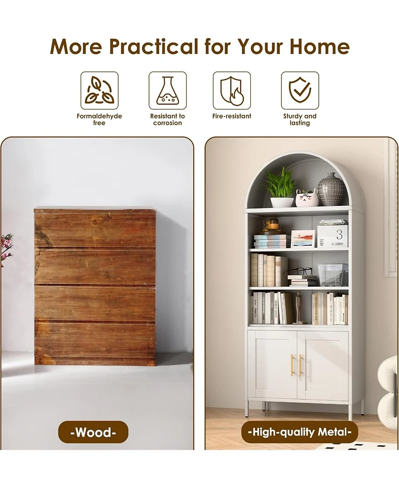 Boyel Living Arched Bookcase Cabinet with Glass Doors, Modern Farmhouse Display Shelf and Open Storage Hutch