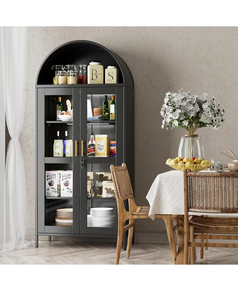 Boyel Living 78.7" Metal Arched Display Cabinet with Glass Doors and Led Lights, Lockable Bookshelf with Adjustable Shelves