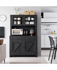homfan Modern Farmhouse Pantry Cabinet, Engineered Wood Storage Organizer with Adjustable Shelves and Anti-Tip Design, Tempered Glass Door
