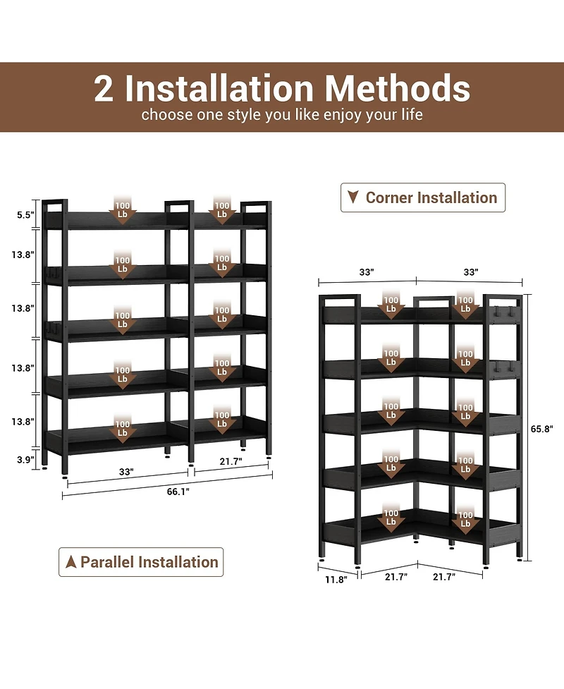 homfan Corner Bookshelf, 5-Tier Convertible l-Shaped Bookshelf Modern Industrial Design for Study Room Storage Display