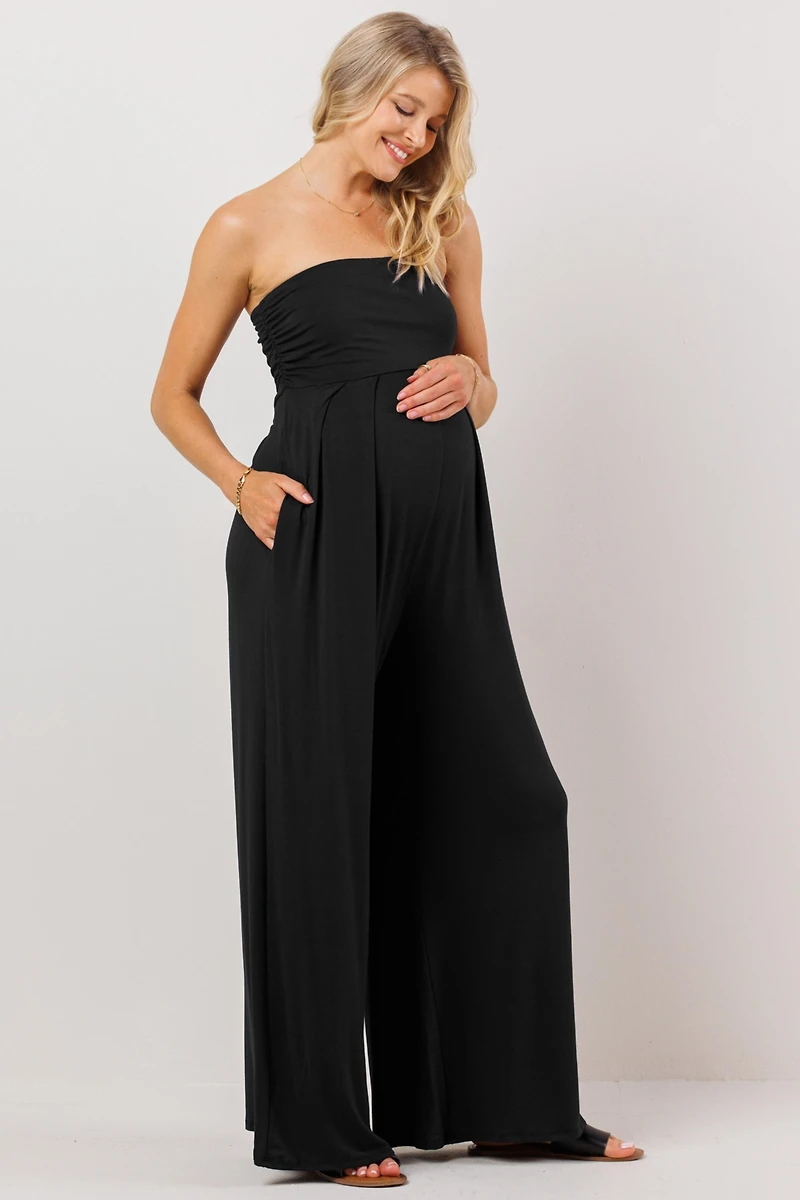 Hello Miz Women's Maternity Strapless Wide Leg Jumpsuit with Pockets