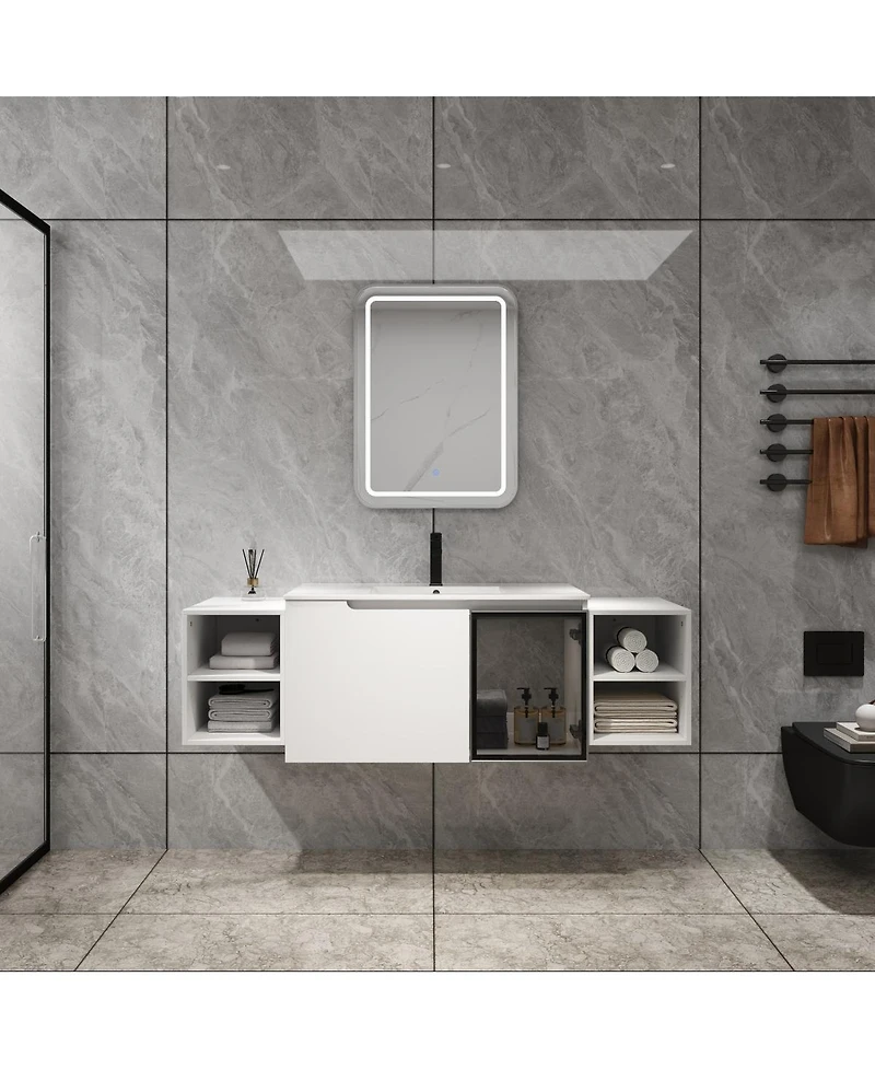 Sillysis Wall Mounted Bathroom Vanity with Ceramic Sink, Modern Floating Plywood Cabinet