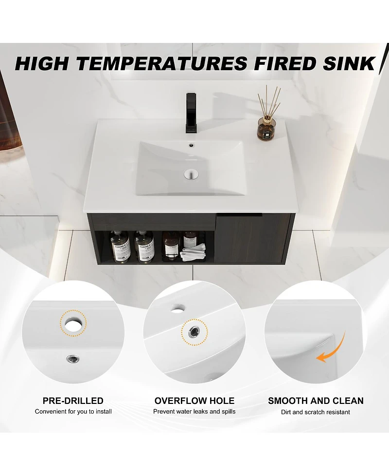 Sillysis Wall Mounted Bathroom Vanity with Ceramic Sink, Soft Close Door, Open Shelf Storage