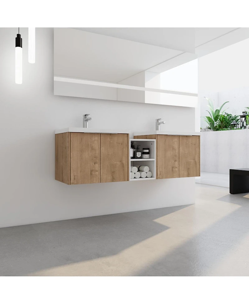 Sillysis 59 Inch Wall Mounted Double Bathroom Vanity with Resin Sinks, Plywood Cabinets and Open Storage for Modern Bathrooms