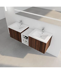 Sillysis 59 Inch Wall Mounted Double Bathroom Vanity with Resin Sinks, Plywood Cabinets and Open Storage for Modern Bathrooms