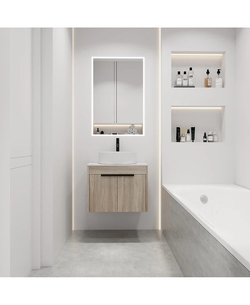 Sillysis 24" Wall Mounted Bathroom Vanity with Ceramic Vessel Sink, White Stone Top, Soft Close Doors