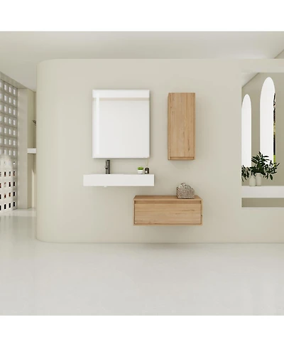 Sillysis 29.5 Inch Wall Mounted Modern Bathroom Vanity with Resin Sink, Soft Close Drawer, Side Cabinet for Ample Storage