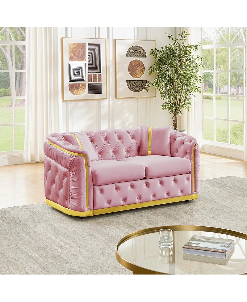 Streamdale Furniture Mid-Century Modern Velvet Chesterfield Loveseat with Gold Accents