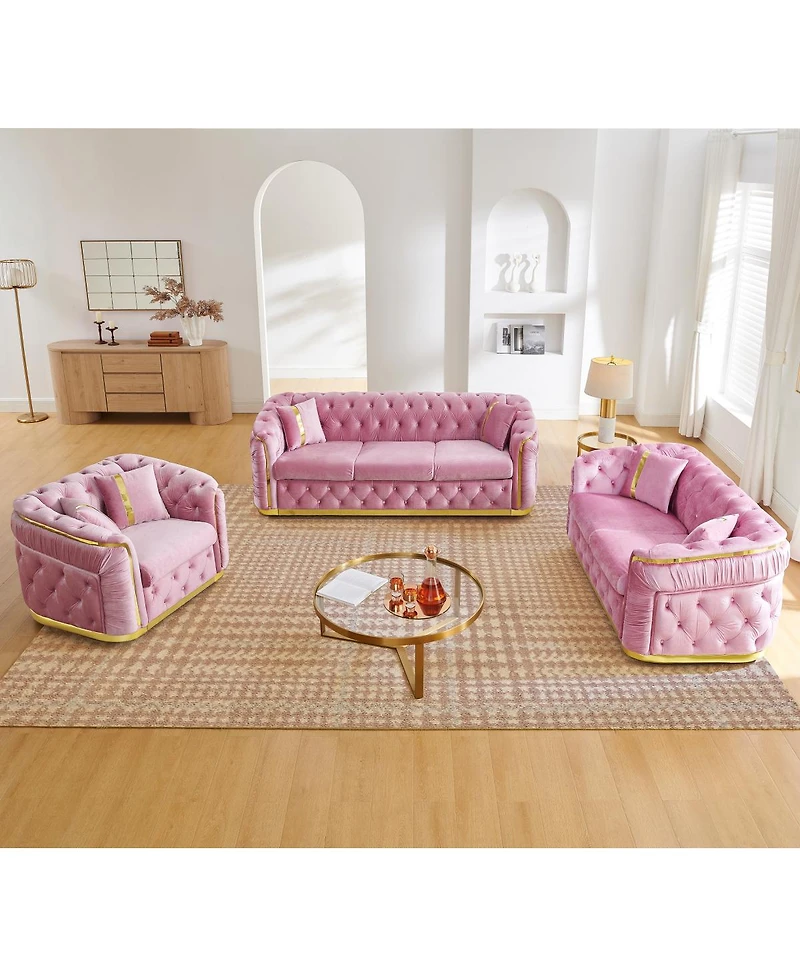 Streamdale Furniture 3-Piece Velvet Chesterfield Sofa Set with Accents and 6 Pillows