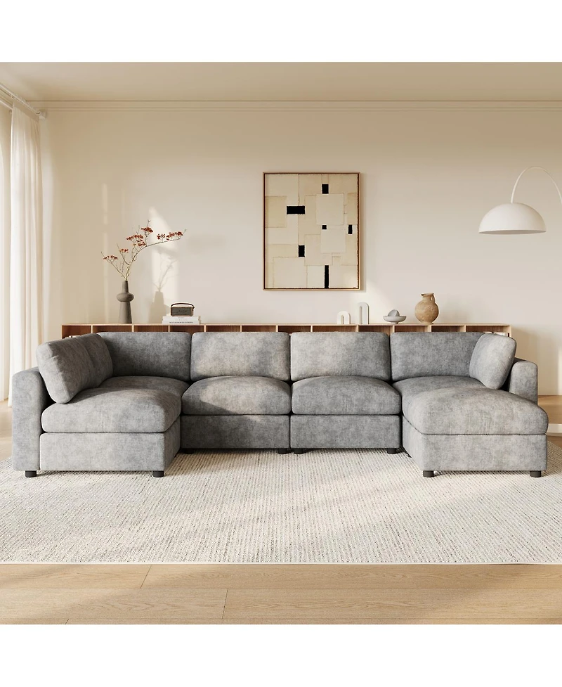 Streamdale Furniture Modular U-Shaped Chenille Sectional Sofa with Ottoman and Sleeper Bed
