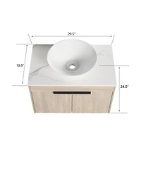 Sillysis Wall Mounted Bathroom Vanity with Ceramic Vessel Sink, Stone Top, Soft Close Doors, Modern Handle Design