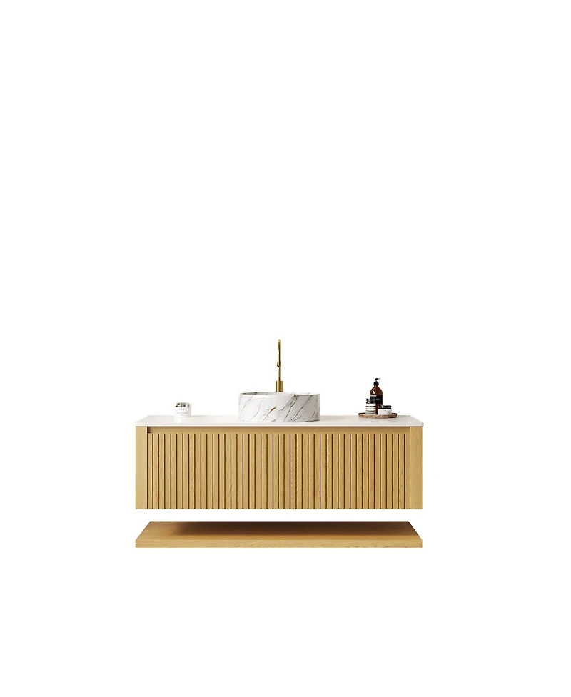 Sillysis 48 Inch Wall Mounted Bathroom Vanity with Ceramic Basin, Sintered Stone Top, Large Drawer, Open Shelf Storage, Pre-assembled