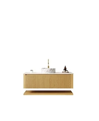 Sillysis 48 Inch Wall Mounted Bathroom Vanity with Ceramic Basin, Sintered Stone Top, Large Drawer, Open Shelf Storage, Pre-assembled