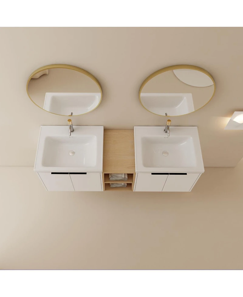 Sillysis 60 Inch Wall Mounted Double Sink Bathroom Vanity Set, Soft Close Doors, Storage Shelf, Modern Floating Cabinet